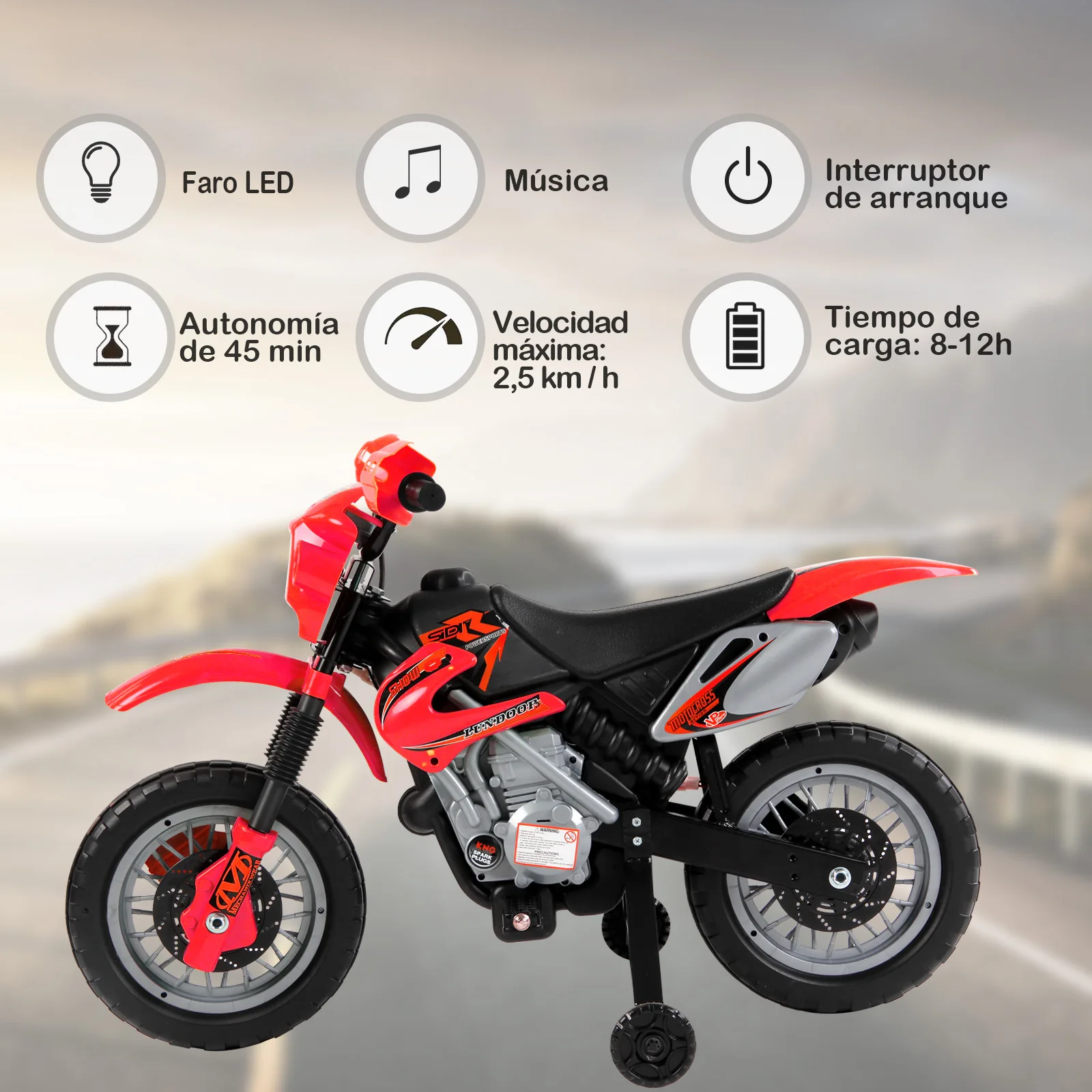 HOMCOM Motociklo Elektros Vaikas Baterija 6 V Įkrovimo Vaikams nuo 3 Anos chargeur ir ratų ratukus Paramos SPALVA RAUDONA