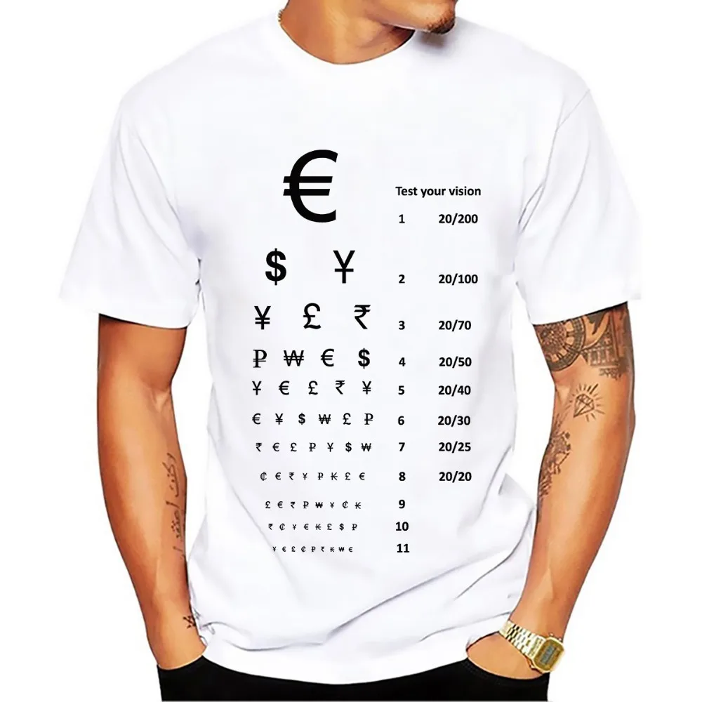 Valiutos simbolis Regėjimo aštrumas diagramos juokinga marškinėlius vyrų 2018 naujas baltos spalvos atsitiktinis creative cool homme high definition jokių klijų marškinėliai