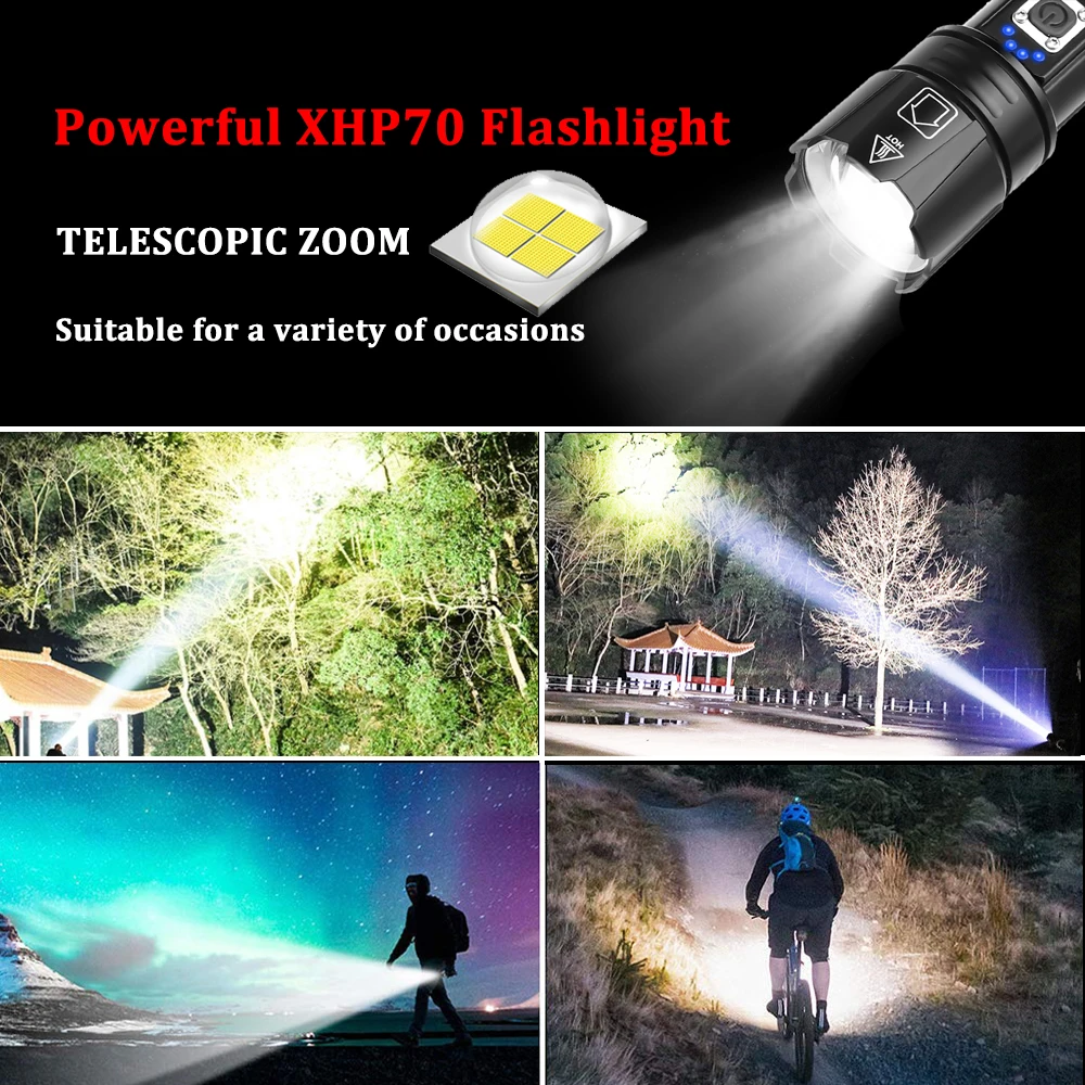 Galingas XHP70 LED Žibintuvėlis su USB Įvesties ir Išvesties Funkcija Taktinis Žibintuvėlis 5 Apšvietimo Režimus Vandeniui Zoom Lauko Šviesos
