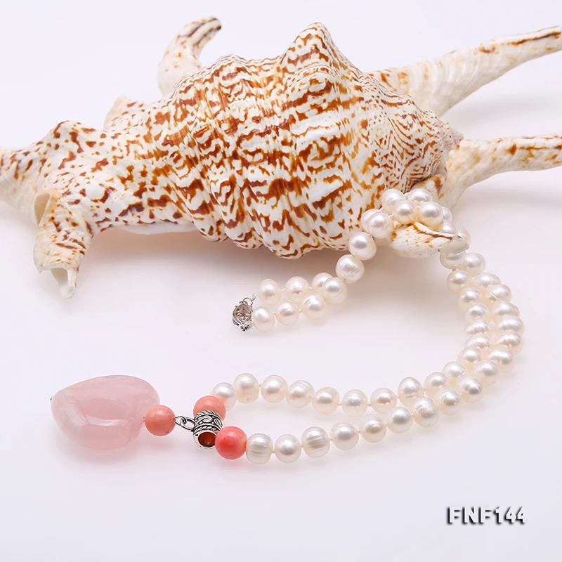 JYX 2019 Puikus Širdies kvarcas, perlų karoliai 8mm Baltos spalvos Gėlavandenių Perlų Vėrinį su rožinės spalvos kristalų 17.5