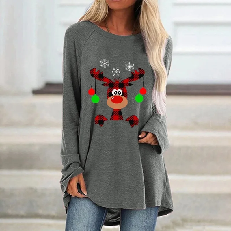 Kalėdų Spausdinti Marškinėliai Moterims T-Shirt Negabaritinių Atsitiktinis Palaidų Ilgomis Rankovėmis Viršūnes Moterų Megztinis Plius Dydžio Netaisyklingos Hem Marškinėlius