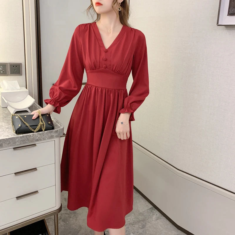 Moteris Suknelė 2020 M. Rudens Žiemos Naujas Stilius V-kaklo Aukštos Juosmens ilgomis Rankovėmis Šifono Suknelė Raudona Suknelė Elegantiškas Ponios Office Suknelės