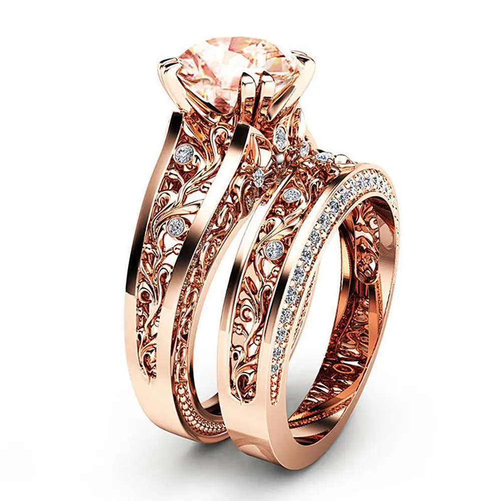 14k rose gold spalva vintage drožyba žiedų rinkinys moterims royal šampano kristalų cirkonis deimantų, brangakmenių, šaliai, papuošalai bijoux