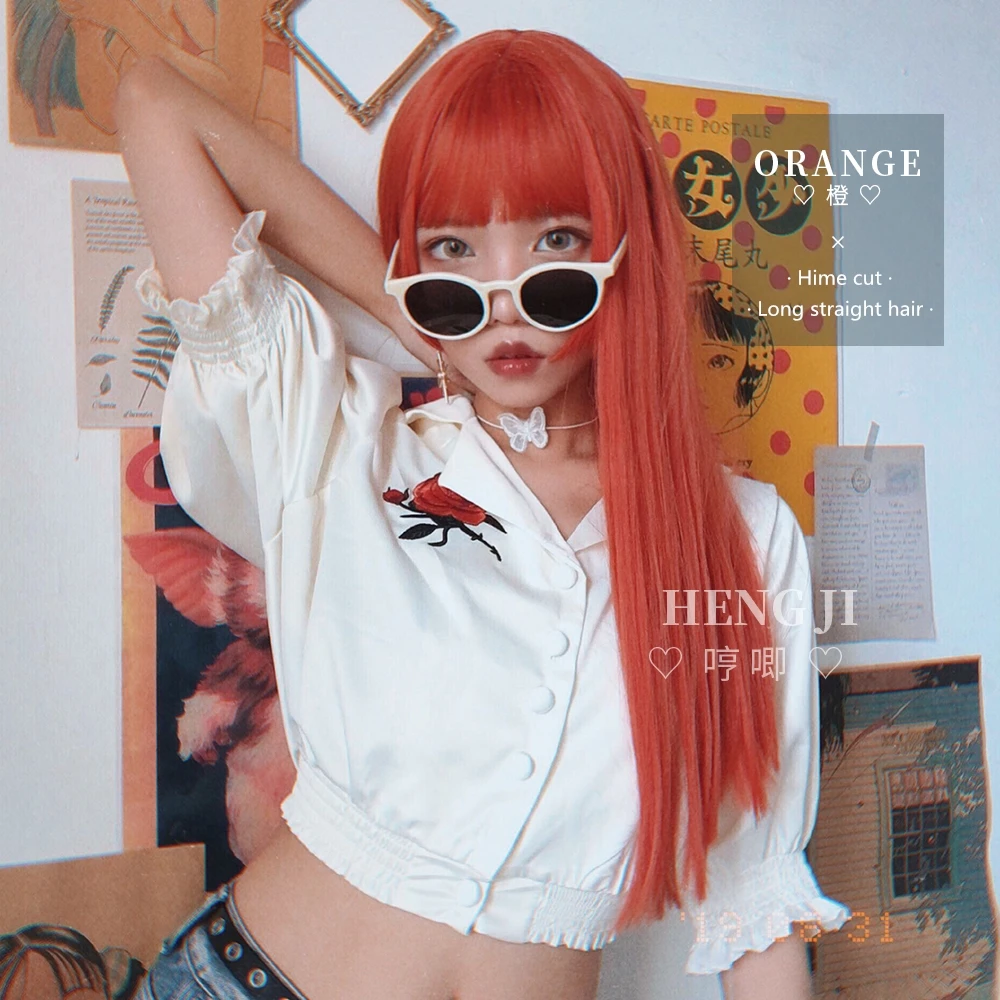Uwowo Ilgi Tiesūs Orange Lolita Hime Supjaustyti Cosplay Perukai Karščiui Atsparių Sintetinių Plaukų Anime Šalis, anime perukai