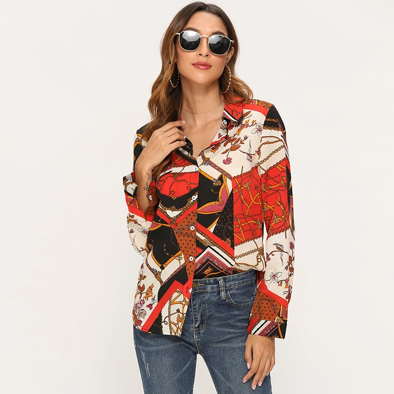 HiloRill Moterų Grandinės Spausdinti Palaidinės 2020 Prarasti Atsitiktinis Ilgomis Rankovėmis Vintage Marškinėliai Pasukite Žemyn Apykaklės Office Marškinėliai Moterims Blusas