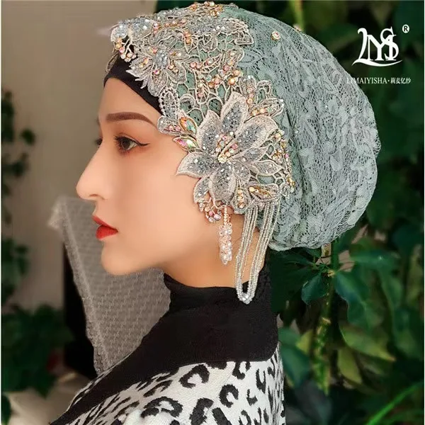 Prabangių vestuvių Musulmonų šalikas moterims duobute kutai hijab nėrinių kepurės