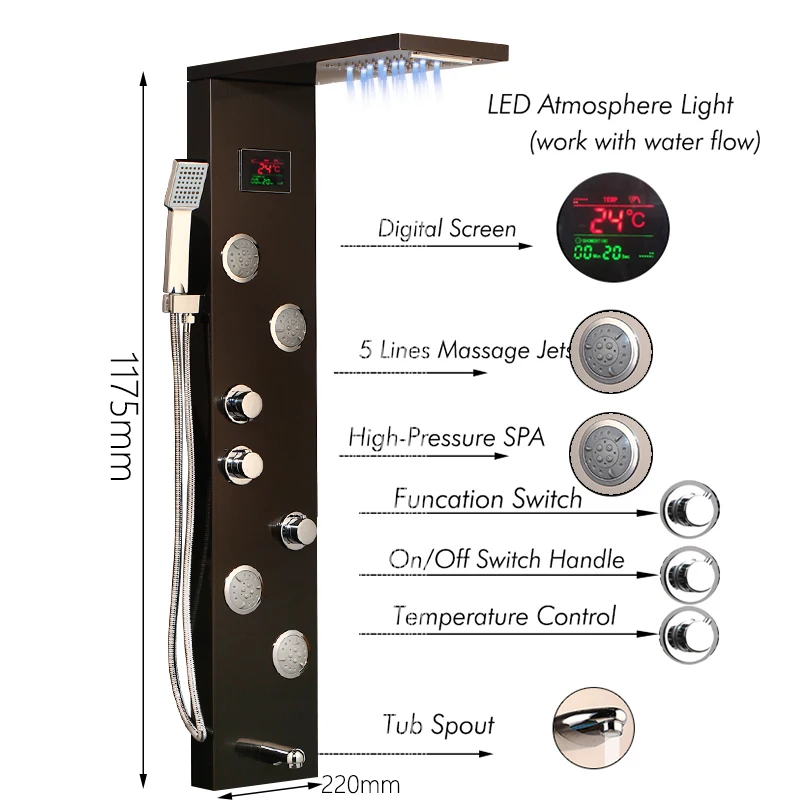 KEMAIDI LED Dušo sienelė Kūno Masažas Sistema, Purkštukai Juoda, Dušo Kolonėlės, Maišytuvas, Vonia, Dušas, Maišytuvas, Temperatūros Skaitmeninis Ekranas