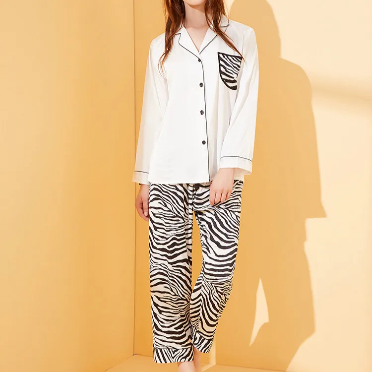 HNMCHIEF Ledo Šilko Satino Atvartas Moterų Pajama Nustatyti Zebra Spausdinimo Mados Pižama kostiumas ilgomis Rankovėmis Pižamos Komplektas Pavasario Namų Drabužiai 2VNT