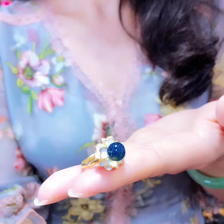2020 Karšto pardavimo natūralus Meksika mėlynos spalvos gintaro žiedas su rožių aukso žiedas 925 sterlingas sidabro moterų žiedai