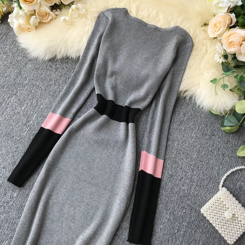 2019 m. Rudenį Naujų Senovinių Megzti Suknelę Moteris Blokuoti Spalvos ilgomis rankovėmis Elegantiškas Žiemos Dress Mezgimo Apvalkalas Suknelė