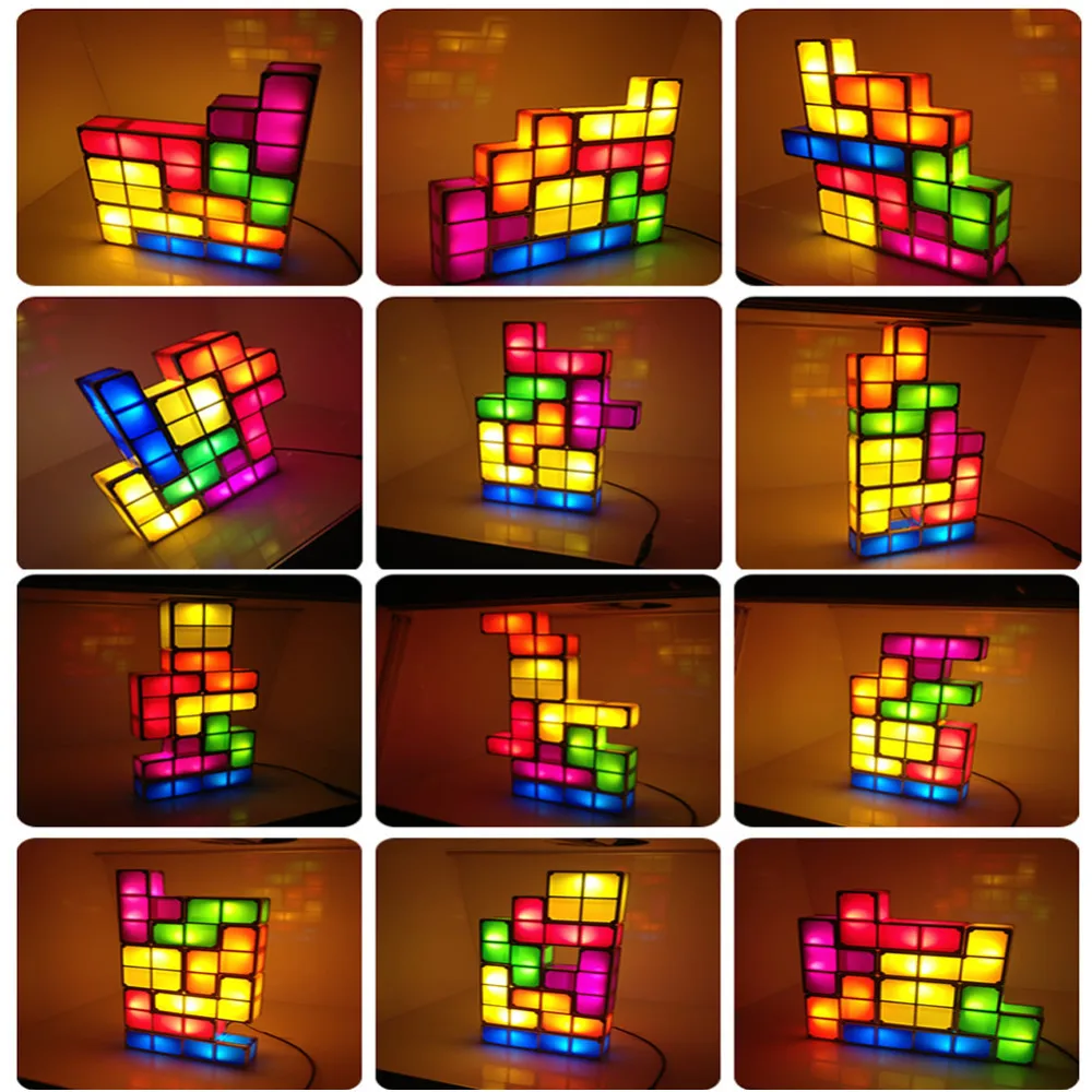 Tetris Įspūdį Šviesos Didina LED Stalo Lempa Constructible Blokuoti Naktį Šviesos 3D Retro Žaidimas Bokštas Lempos Kūdikių Spalvingas Žaislas Mūrinis