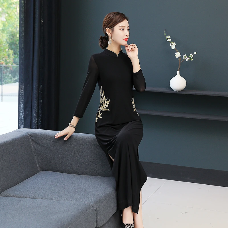 Didelis dydis M-XXXL vrouwen jurk 2019 Kinijos stilius platus žmona stovėti apykaklės, cheongsam temperamentas ilgai mesh tinkleliu padalinta suknelė