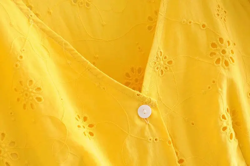 Vasarą balta geltona medvilnės mini suknelės tuščiaviduriai iš išsiuvinėti vasaros suknelė trumpomis rankovėmis v-kaklo, vestidos