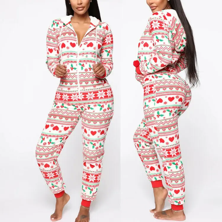 Žiemos Kalėdų Pižama Moterims Ilgomis Rankovėmis Zip Gobtuvu Onseies Naktiniai Drabužiai Šiltas Kalėdos Santa Sleepwear Ilgai Jumpsuit