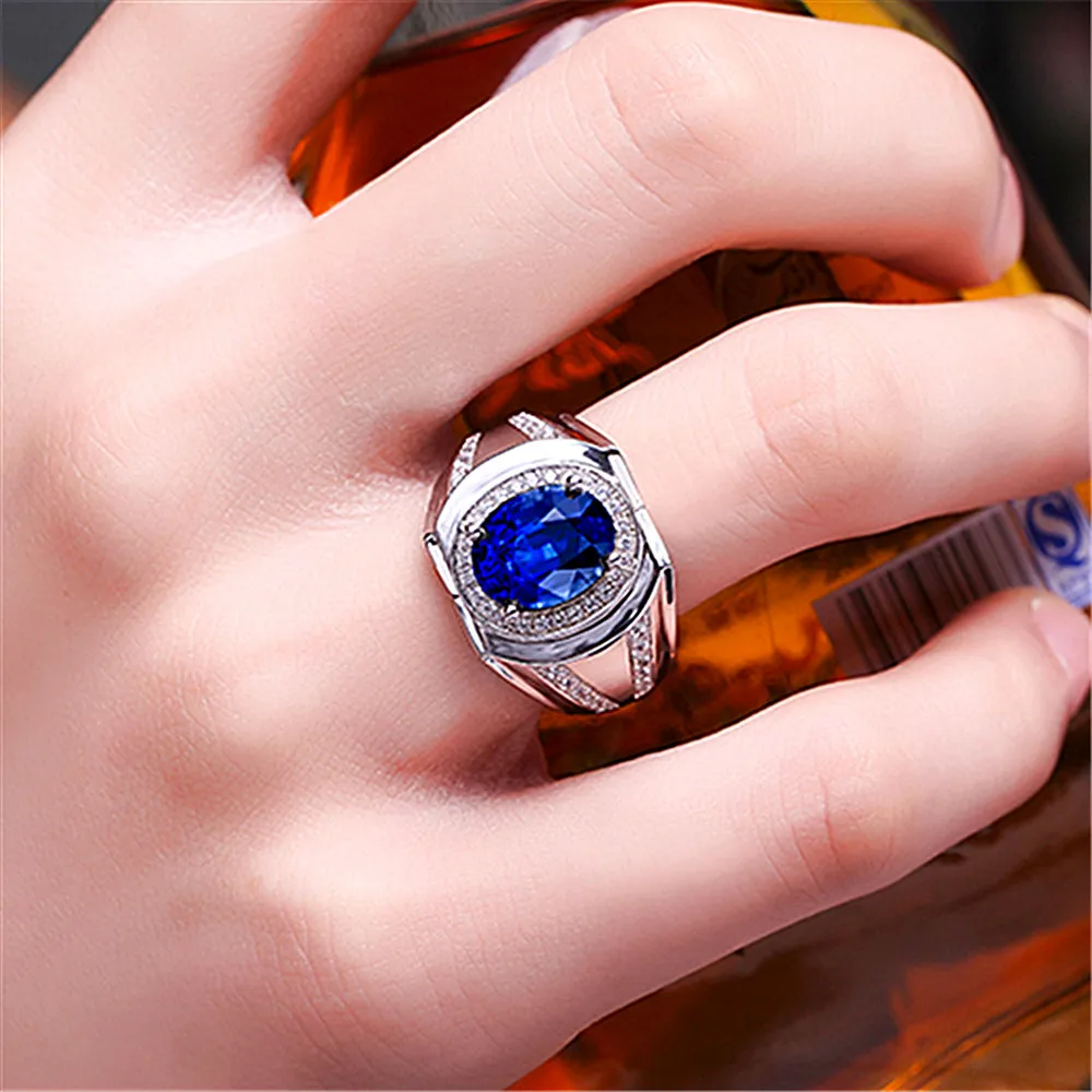 Safyras brangakmenių mėlyna kristalų žiedai vyrams, moterims, cirkonis deimantu balto aukso sidabro spalvos argent papuošalai bijoux juostos dovanos