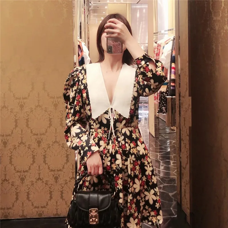 Kilimo Ir Tūpimo Tako Dizainerių Gėlių Spausdinti Mini Suknelės Moterims 2020 M. Pavasario Derliaus Ilgomis Rankovėmis Šifono Suknelė Moteris