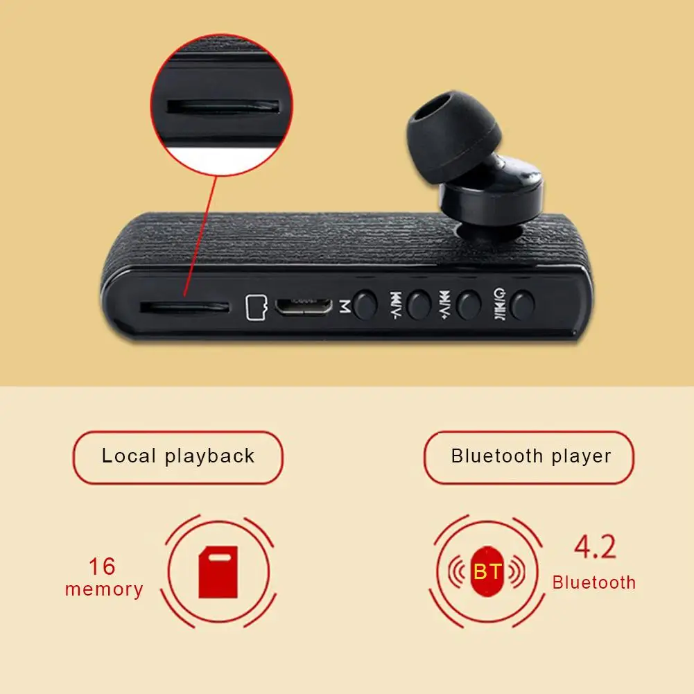Juoda GS-R12 Bluetooth 4.2 + EDR Ausines In-Ear Mikrofonas Skaitmeninis Diktofonas MP3 Grotuvas Built-In 110mAh Ličio Baterija