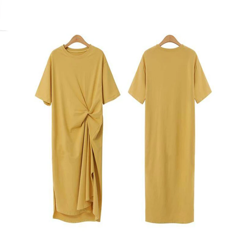 2020 metų vasaros medvilnės retro apvali kaklo-line suknelė prarasti atsitiktinis suknelė didelio dydžio raukšlėta ilgai over-the-knee marškinėliai suknelė