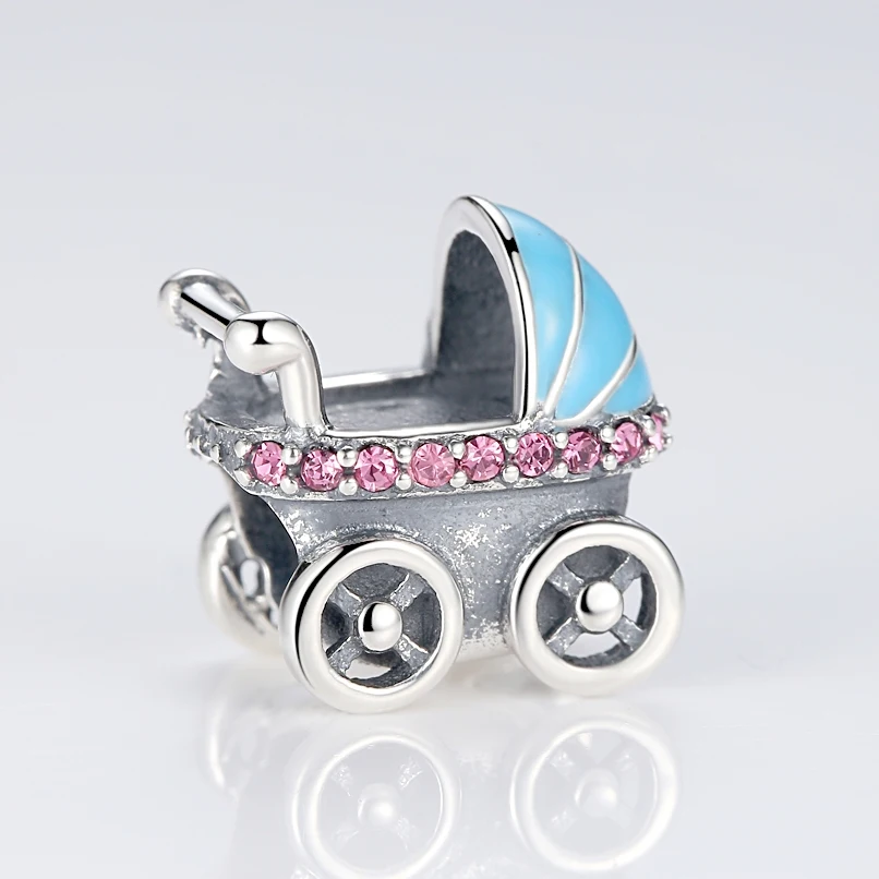 PANDACH Nauja Pavasario Kolekcija 925 Sterlingas Sidabro Kūdikio Vežimėlį, Mėlynos spalvos Automobilį, Pakabukai tinka Apyrankė 