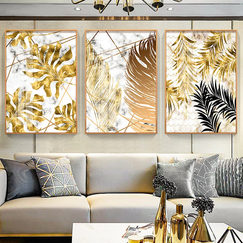 Modernus Nordic Light Luxury Marmuro Nuotrauką Sienos Meno Drobės Aukso Monstera palieka Kambarį, Dekoratyvinis Dažymas Plakatai