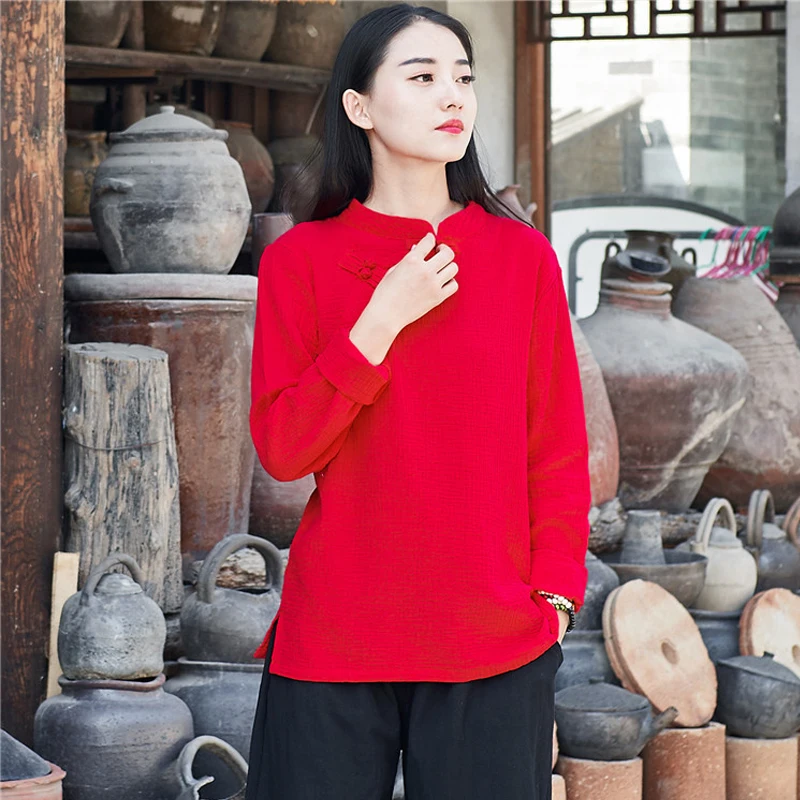 Johnature Moterų Kinų Stiliaus Marškinėliai Derliaus Stovėti Top 2020 M. Rudenį Naujų Mygtuką Ilgomis Rankovėmis Trumpas Atsitiktinis Medvilnės Skalbiniai Moterų Palaidinė