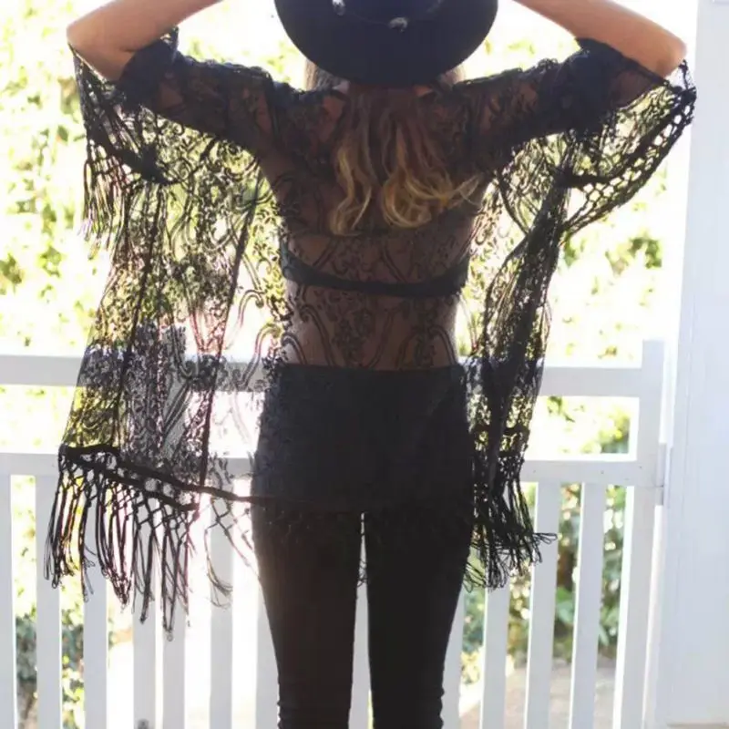 Kietas Baltas Juodas Moterys Boho Kimono Megztinis Vasaros Paplūdimio Nėriniai Nėrimo Šifono Prarasti Outwear Vintage Palaidinė Viršūnes Plius Dydis