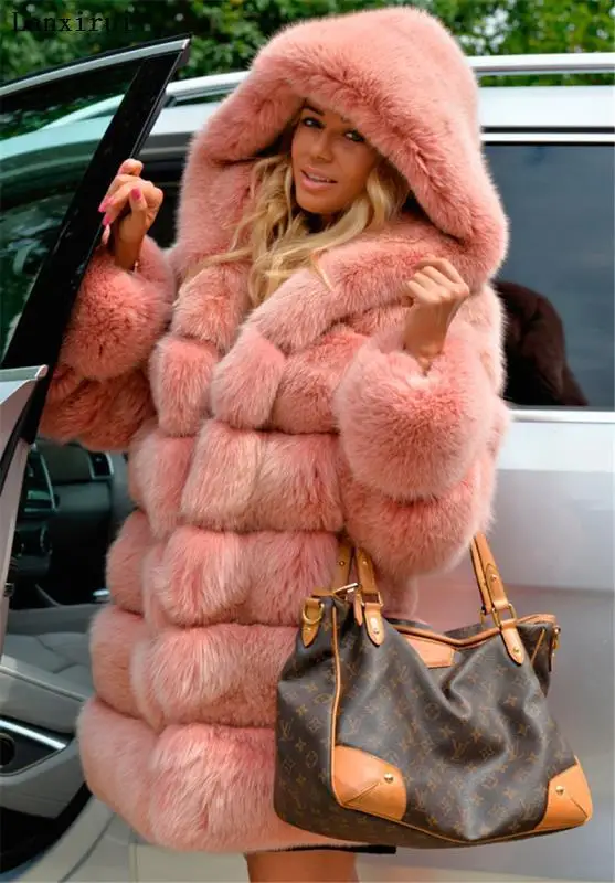 Lanxirui Elegantiškas Dirbtiniais Lapės Kailiniai Paltai Moterims Žiemos Mados Vidutinio Ilgio Dirbtinis Fox Fur Coat Lady Šiltas Netikrą Lapės Kailinius Moteris