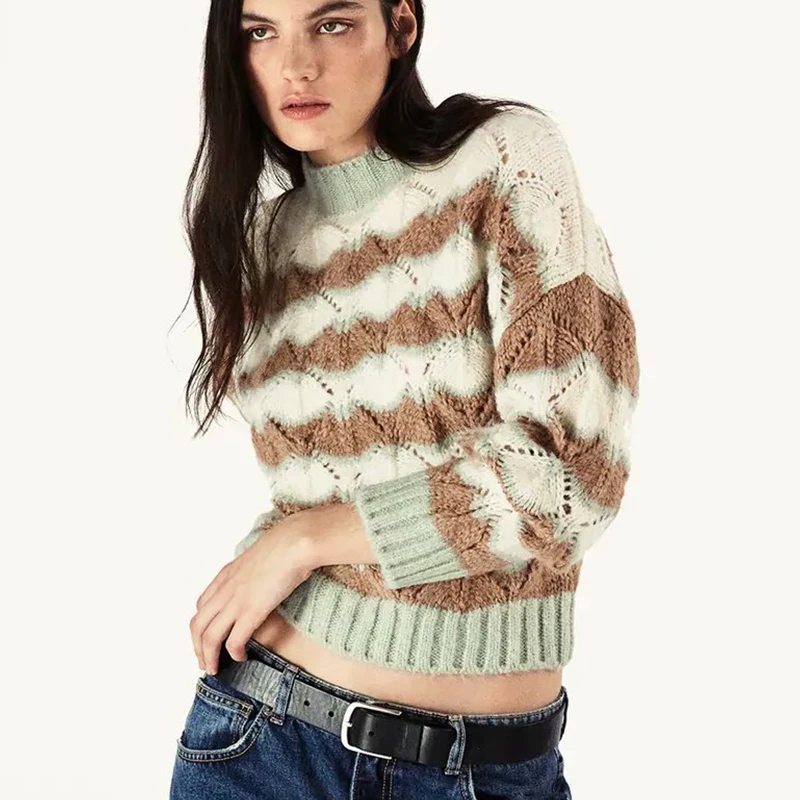 Nauja Rudens Žiemos Moterys Tuščiaviduriai Megztinis Dryžuotas Puloveriai Šiltas Megztinis ilgomis Rankovėmis Prarasti Vintage Megztinis Viršūnių O-kaklo Džemperis