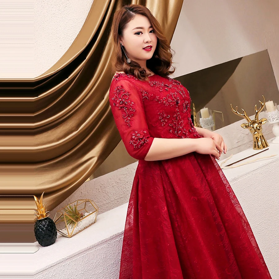 Oficialus Prom Chalatai Suknelės Bordo Moterų vakarėlis 2019 Half-sleeve Plus Size Vestidos De Gala O-kaklo China Prom Dresses T093