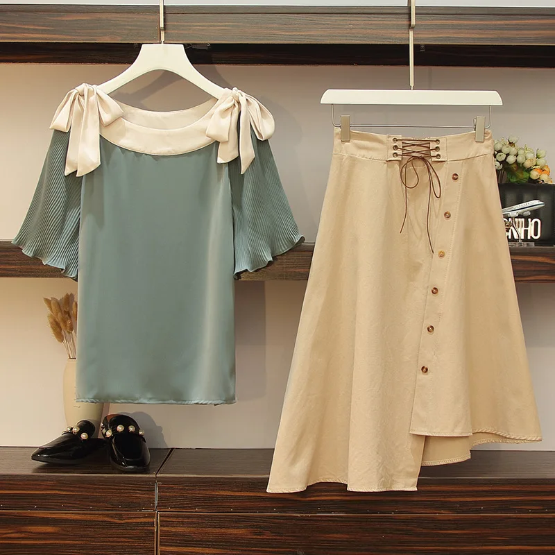 ICHOIX nėrinių viršūnės + sijonas 2 vnt rinkiniai moterims atsitiktinis dviejų dalių apranga korėjos stiliaus Sijonas komplektas L-4XL Plius dydis vasaros drabužių