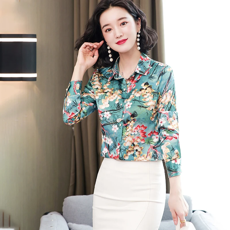Korėjos Šilko Marškinėliai Moterims ilgomis Rankovėmis Marškinėliai Moterims Satino Spausdinti Palaidinės Ponios Viršūnes Plius Dydis Blusas Mujer De Moda 