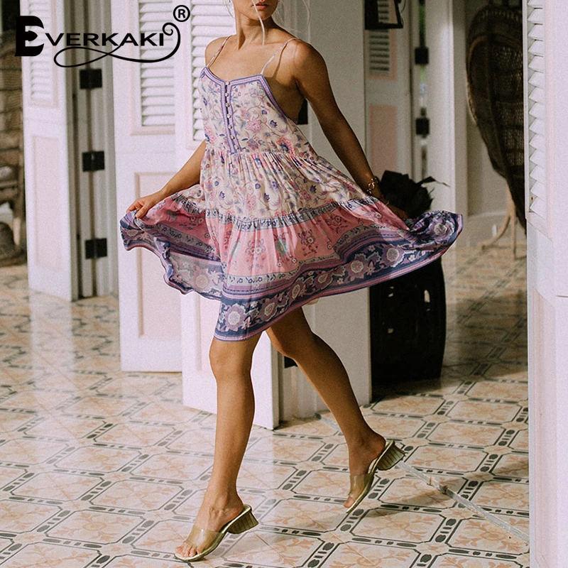 Everkaki Boho Slydimo Mini Suknelė Moterims Vasaros Vestidos Čigonų Gėlių Spausdinti Ponios Etninės Trumpos Suknelės Moterų Prarasti 2020 Naujas Mados