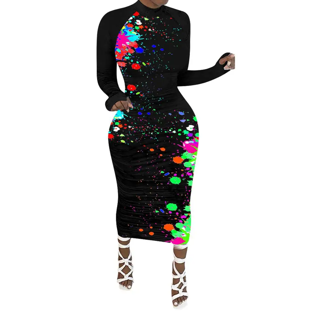 S---4XL Naujus Multicolors Spausdinimo Moterų Mados Suknelės Klostes ilgomis Rankovėmis Įgulos Kaklo Bodycon Suknelė Vidurio Blauzdos Šalis Suknelė