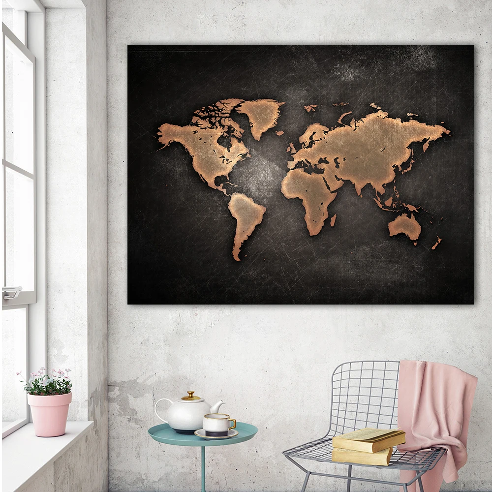 1 VNT/Set didelis Juodas Pasaulio Žemėlapyje, Paveikslų Spausdinimas Ant Drobės, Abstraktaus Pasaulio Žemėlapyje Drobės Biuras, Nuotraukos ant Sienų dekoras namuose
