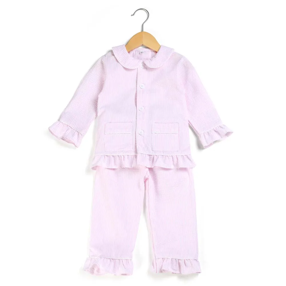 Medvilnės pavasarį ir vasarą seersucker vaikai pižama ilgomis rankovėmis juostele boutique home sleepwear 12m-12years