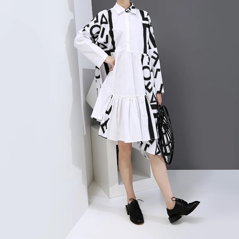Naujų Moteris Atsitiktinis Streetwear Balti Marškinėliai Suknelė Ilgomis Rankovėmis Geometrinių Modelių Spausdinti Plius Dydžio Panele Midi Suknelė Stiliaus Skraiste 6509