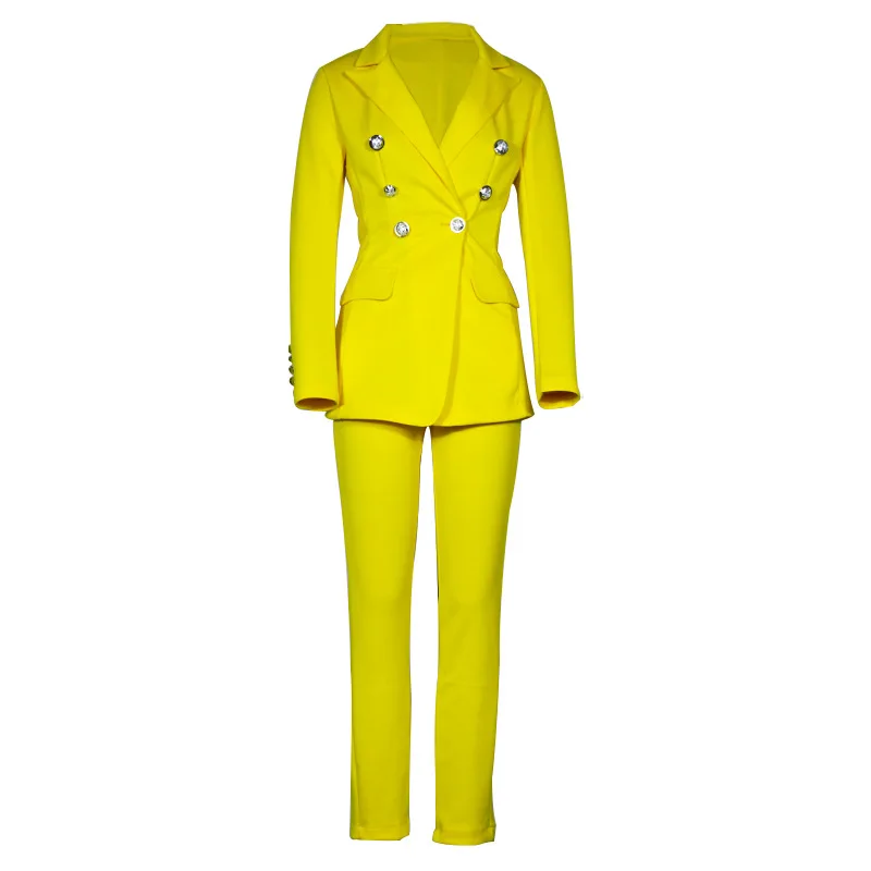Rudenį moterų kostiumas kelnės dviejų dalių Dvigubo breasted atlapų Elegantiška rausvos spalvos, geltonos spalvos ilgomis rankovėmis ponios švarkas švarkas Laisvalaikio Kostiumas