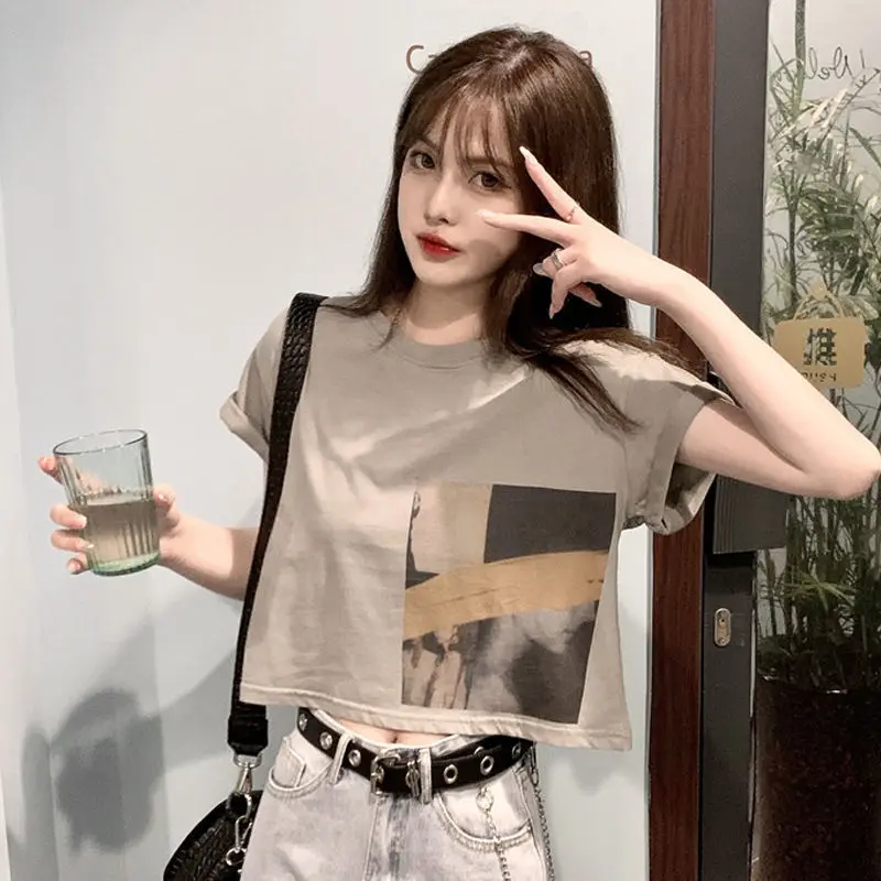 Korėjos Versija Spausdinti Trumpas Rankovėmis apvalios Apykaklės marškinėliai Moterims Trumpas Stilius Laisvas Vasaros Laukinių Naujas