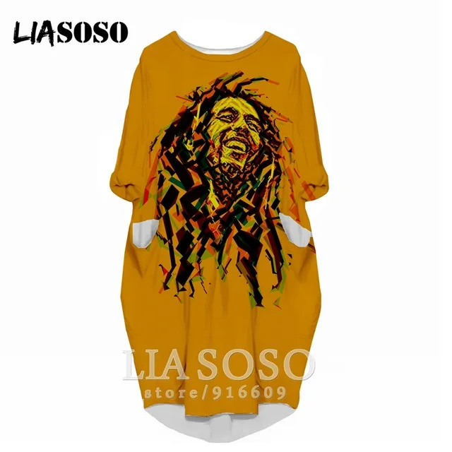 LIASOSO 3D spausdinimo mados suknelė, Bob Marley juokinga Harajuku Reggae moteris suknelė ilgomis rankovėmis suknelės moterims