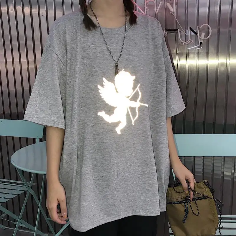 Harajuku Moterų Marškinėliai Vasaros trumpomis Rankovėmis 3M šviesą Atspindinčios Šviesą Kupidonas Išspausdintas Viršų Tees Naujas Mados Atsitiktinis Gatvės, T-Marškinėliai, Unisex