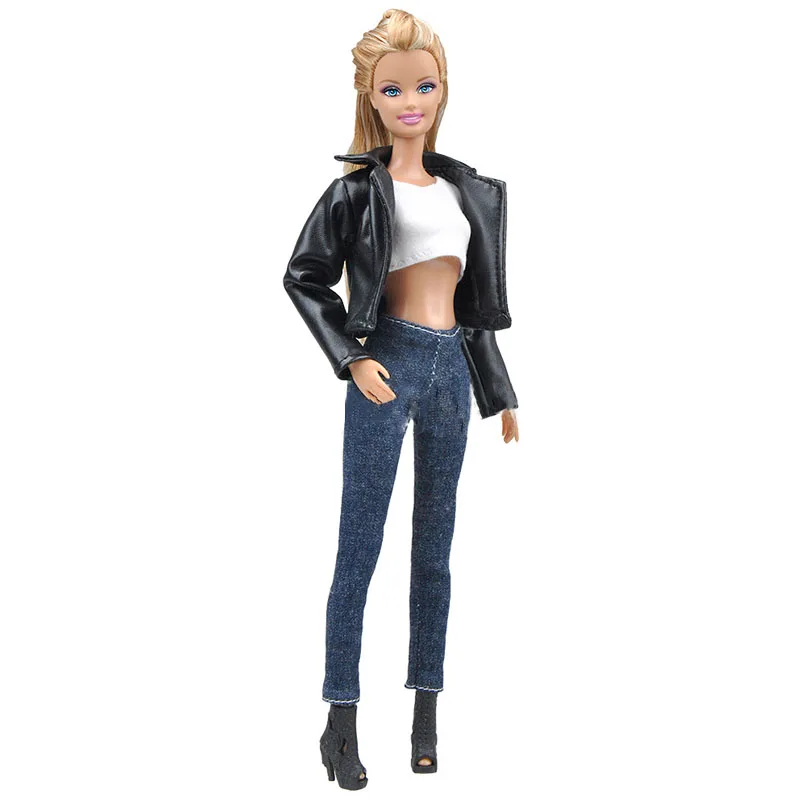 1 Nustatykite, Oda, Kailis Komplektai Barbie Lėlės Mados Kailis Džinsus, Kelnes Trumpos Viršų Rankų Darbo Drabužius Barbie Lėlių Priedai