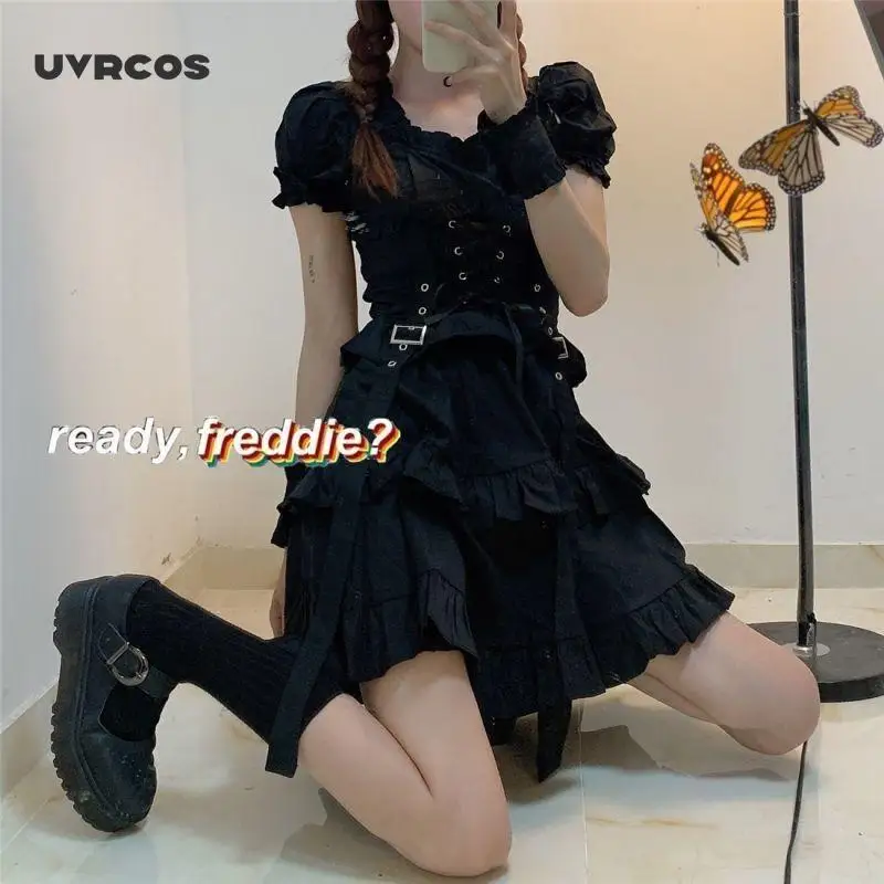 UVRCOS Moterų Gothic Lolita Dress Goth Punk Derliaus Pynimas Tamsiai Juoda Suknelė trumpomis Rankovėmis Mini Suknelės Moterims 2020 Kratinys
