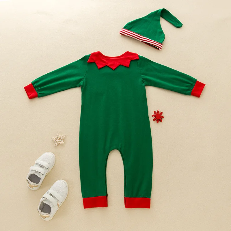Naujagimio Bamblys Kūdikių Elf Kostiumas ilgomis Rankovėmis Romper Jumpsuit su Skrybėlę 2 vnt Kalėdų Dress Up Rudenį, Žiemos Apranga Rinkinys