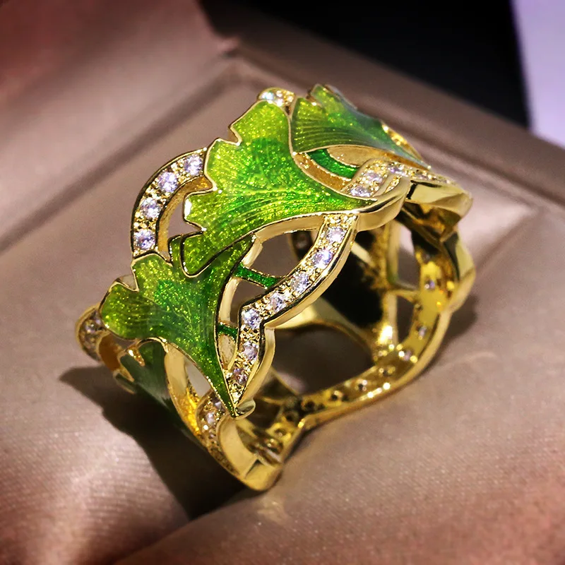 Mielas Žalia Gėlė Epoksidinės Žiedas su BLing Cirkonis Akmuo Moterims Vestuvės Vestuvinis Mados Papuošalai, Aukso Žiedas