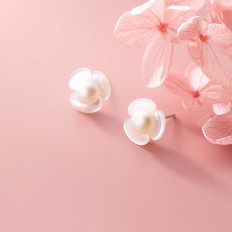 925 Sterlingas Sidabro Paprasta Shell Gėlių Auskarai Moterims Korėjos Imituojamas Pearl Stud Auskarai Mergaites Ausies Fine Jewelry Didmeninės