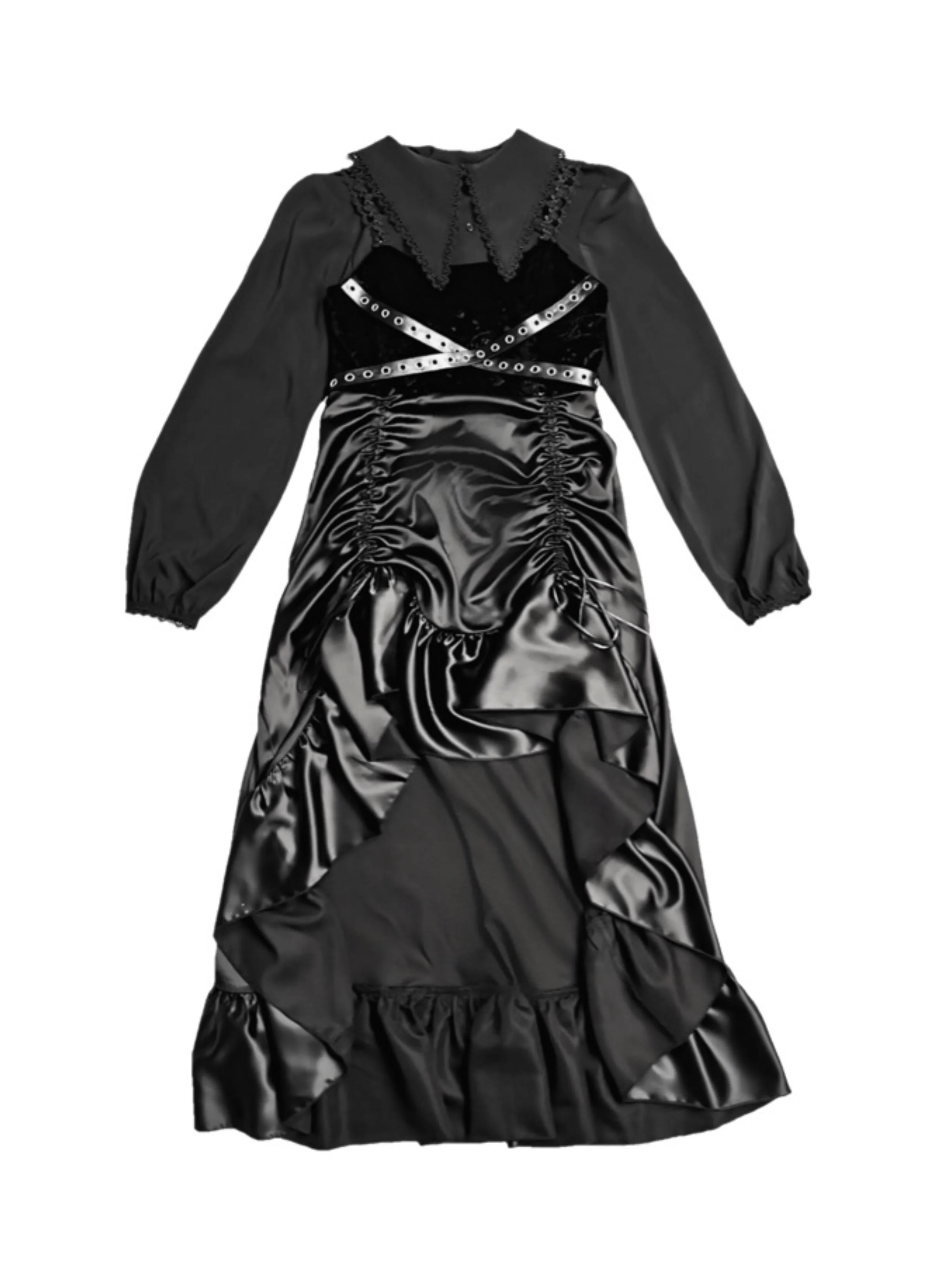 Originalaus Dizaino Helovinas Kostiumas Gotikos tamsiai black PU odos diržas Satino raišteliu dviejų dalių asimetrinė suknelė moterims
