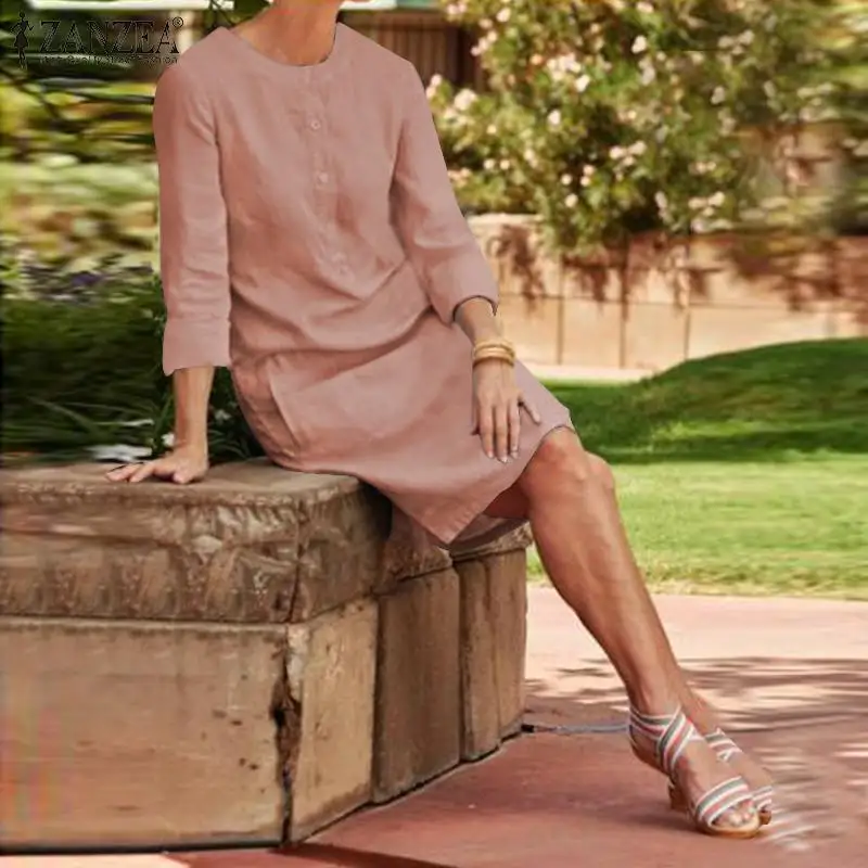 Elegantiškas Lino Marškinėliai Suknelė Moterims Rudenį Sundress ZANZEA 2021 Atsitiktinis ilgomis Rankovėmis Kelio Ilgis Vestidos Moterų Mygtuką Drabužius, Plius Dydis