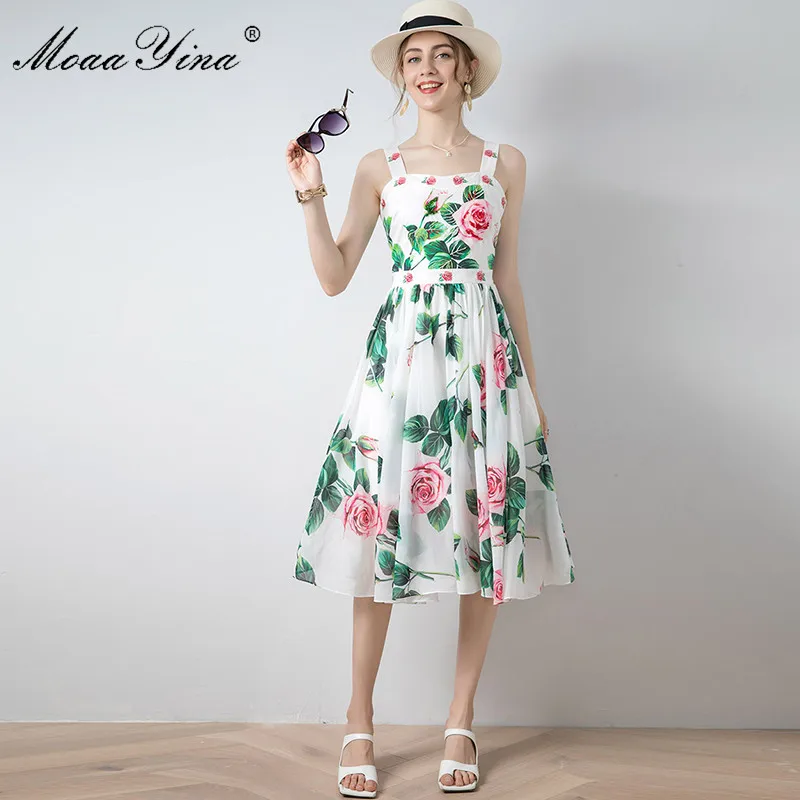 MoaaYina Mados Dizaineris suknelė Vasaros Moterų Suknelė Zawalcowany Siuvinėjimo Išaugo Floral-Print Medvilnės Kratinys Šifono Suknelės