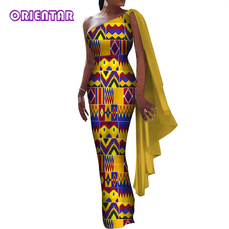Afrikos Suknelės Moterims Afrikos Spausdinti Medvilnės Ankara Suknelės su Skara Ponios Vienos Pečių Šalies Ankara Suknelė WY4966