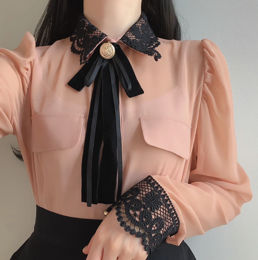 Rudenį Naujas Elegantiškas Moterų Viršūnių nėrinių susiuvimo Šifono palaidinė peteliškę ilgomis rankovėmis Office lady marškinėliai Blusa